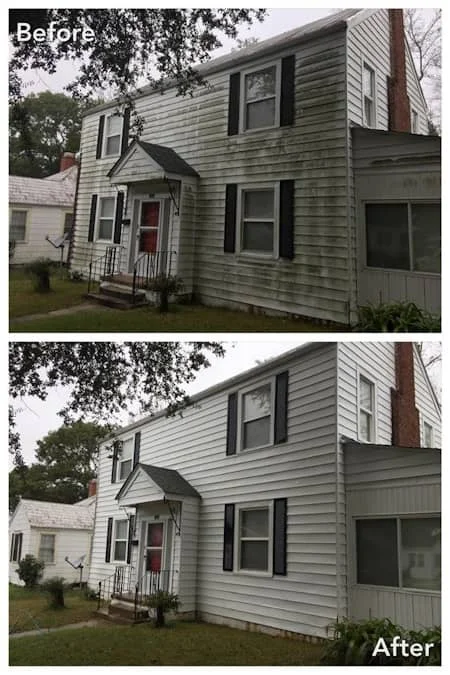 Pressure washing service applied to exterior house siding showing before-and-after comparison