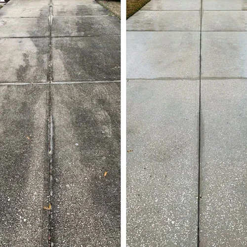 Concrete slab, before and after pressure washing