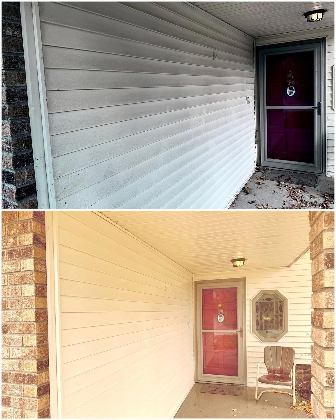 House washing service transforming dirty residential exterior from grimy to clean in Bellevue Nebraska