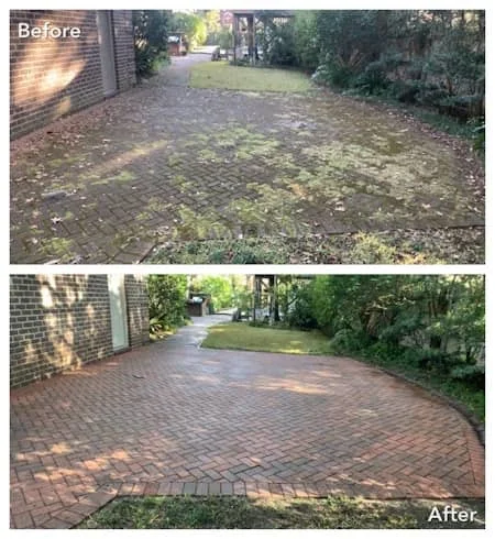 Pressure washing service restoring a moss-covered brick surface in Papillion, NE