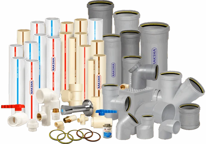 Assorted plumbing pipes, fittings, valves, and connectors in various materials and sizes arranged as a product display.
