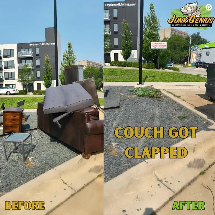 Couch removal before-and-after in a residential street, showing a brown leather sofa cleared from a curb.