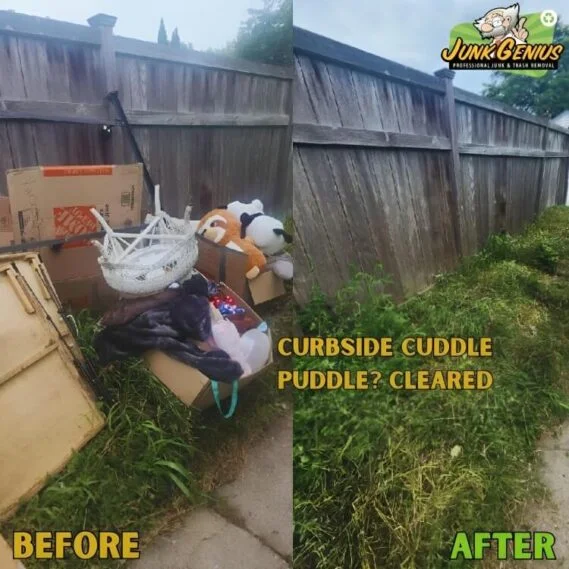 Curbside junk removal service showing before-and-after clearing of accumulated items and debris from a residential curb.