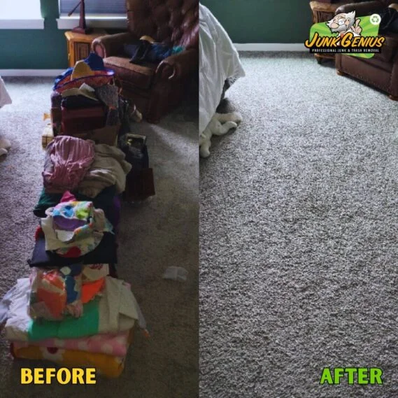 Junk removal and clutter clearance service in a residential bedroom, shown in before-and-after comparison.