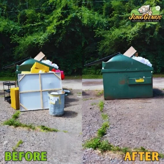 Junk removal and dumpster cleaning service shown in a before-and-after comparison at an outdoor waste collection site.