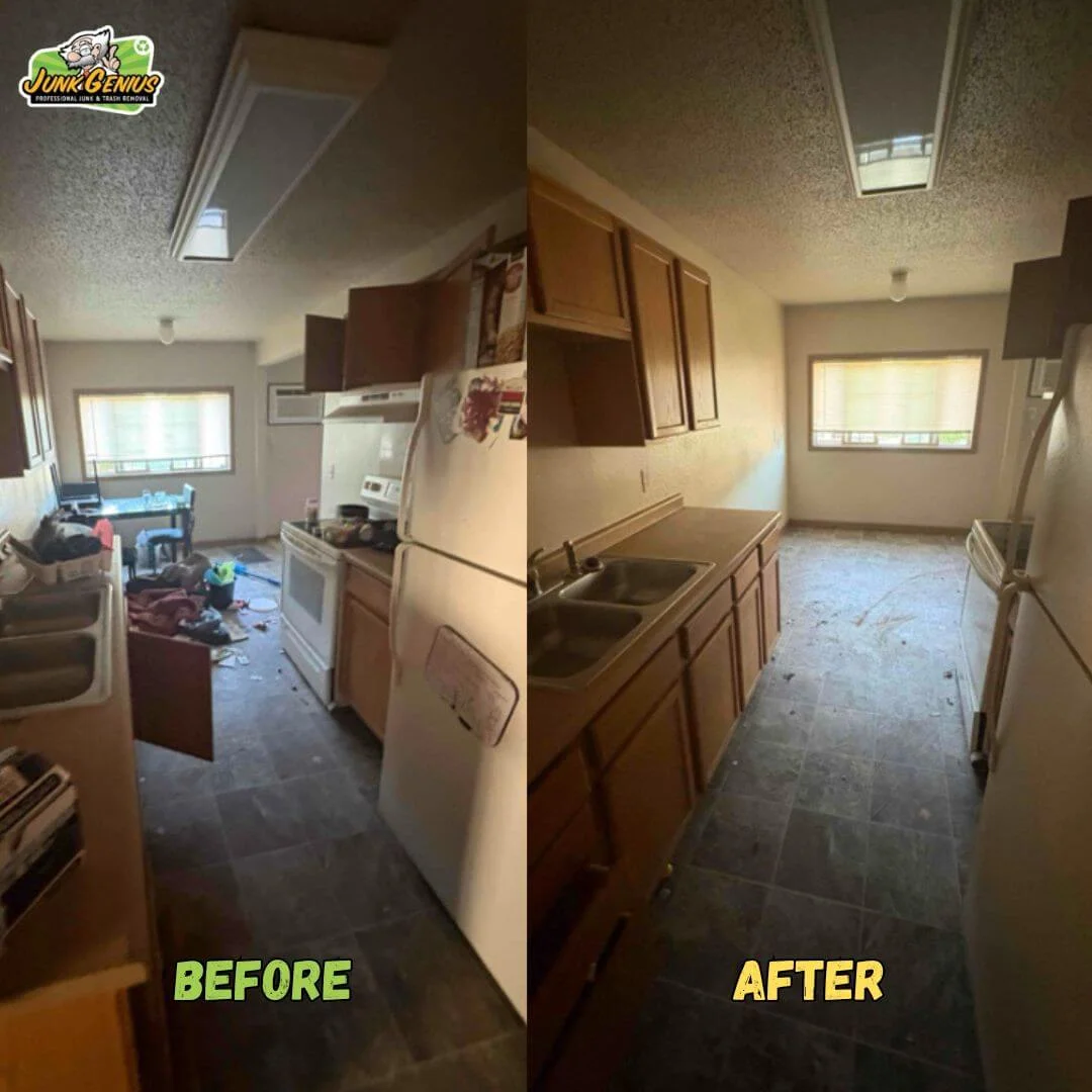 Junk removal and kitchen cleaning service transforming a cluttered residential kitchen into a clean, organized space.