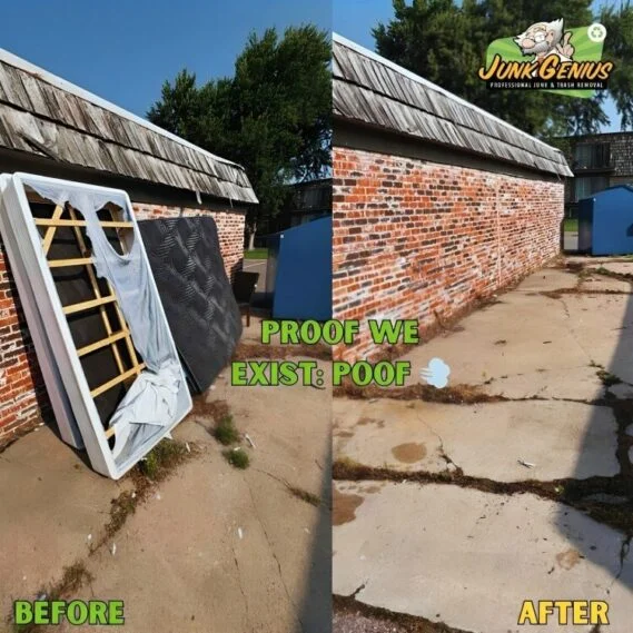 Junk removal and site cleanup service shown in a before-and-after comparison of a residential property exterior, demonstrating debris removal and ground clearance.