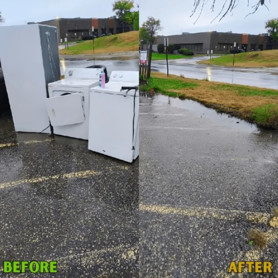 Junk removal before-and-after of appliances (refrigerator and washing machine) cleared from a residential driveway in a suburban neighborhood.