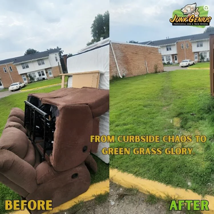 Junk removal before-and-after showing an old brown recliner chair removed from a residential curbside, resulting in a clean green lawn.