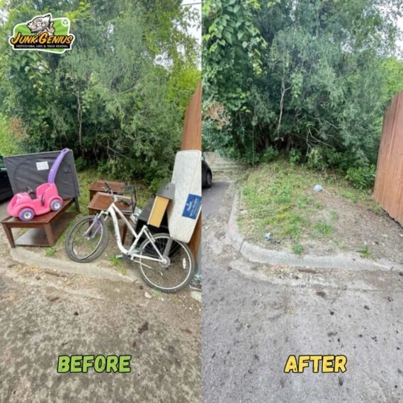 Junk removal service clearing a cluttered backyard space, shown in before-and-after comparison with debris removed and area cleaned.