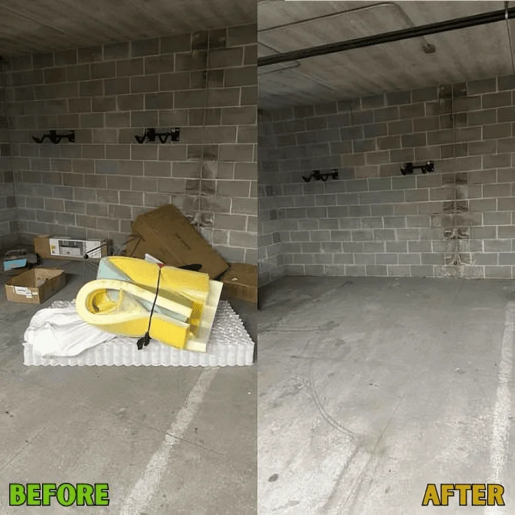 Junk removal service clearing construction debris and materials from an unfinished basement space.
