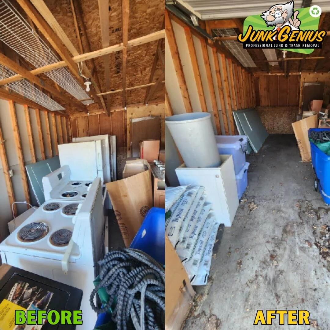 Junk removal service clearing out a residential garage space, shown in before-and-after comparison with appliances and miscellaneous items removed.