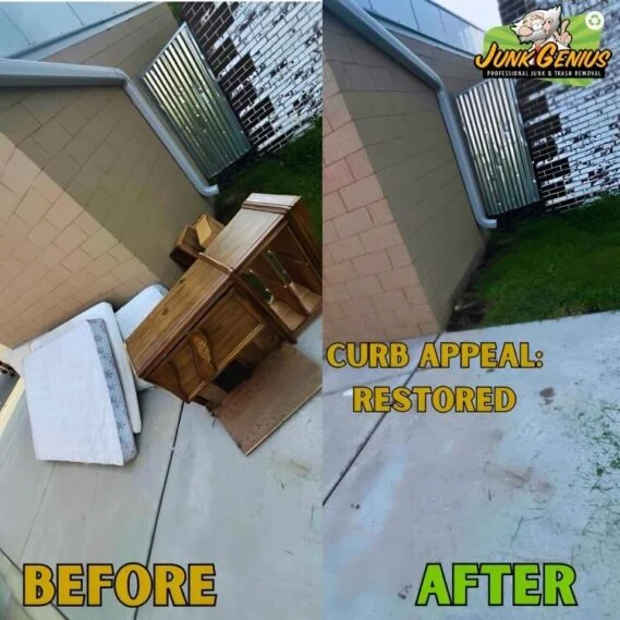 Junk removal service clearing a residential front porch by removing an old wooden dresser and debris, shown in before-and-after comparison.