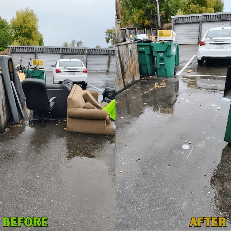 Junk removal service completed in a residential parking area, showing before-and-after transformation of a cluttered lot with furniture and debris cleared away.