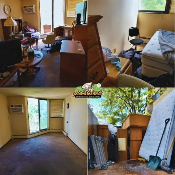 Junk removal service completed in a residential room, shown in before-and-after comparison with cluttered furniture and items removed.