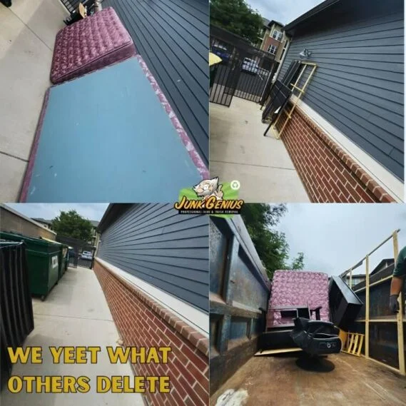 Junk removal service in progress showing before-and-after cleanup of a residential outdoor space with accumulated debris and items being hauled away.