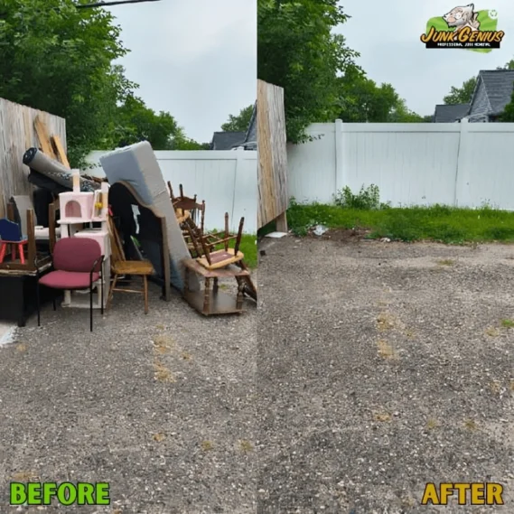 Junk removal service in a residential driveway, showing before-and-after results of clearing accumulated furniture, mattresses, and miscellaneous items.