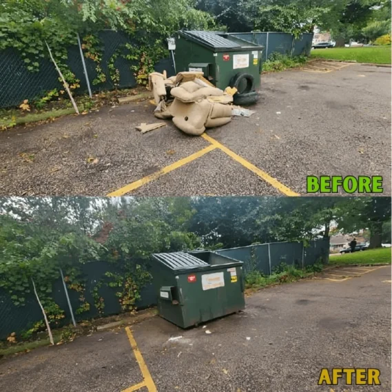 Junk removal service showing before-and-after cleanup of a dumpster area with debris and waste materials cleared from a residential parking lot.