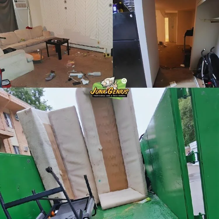 Junk removal service showing before-and-after of residential interior cleanup and bulky item hauling in a green disposal truck.