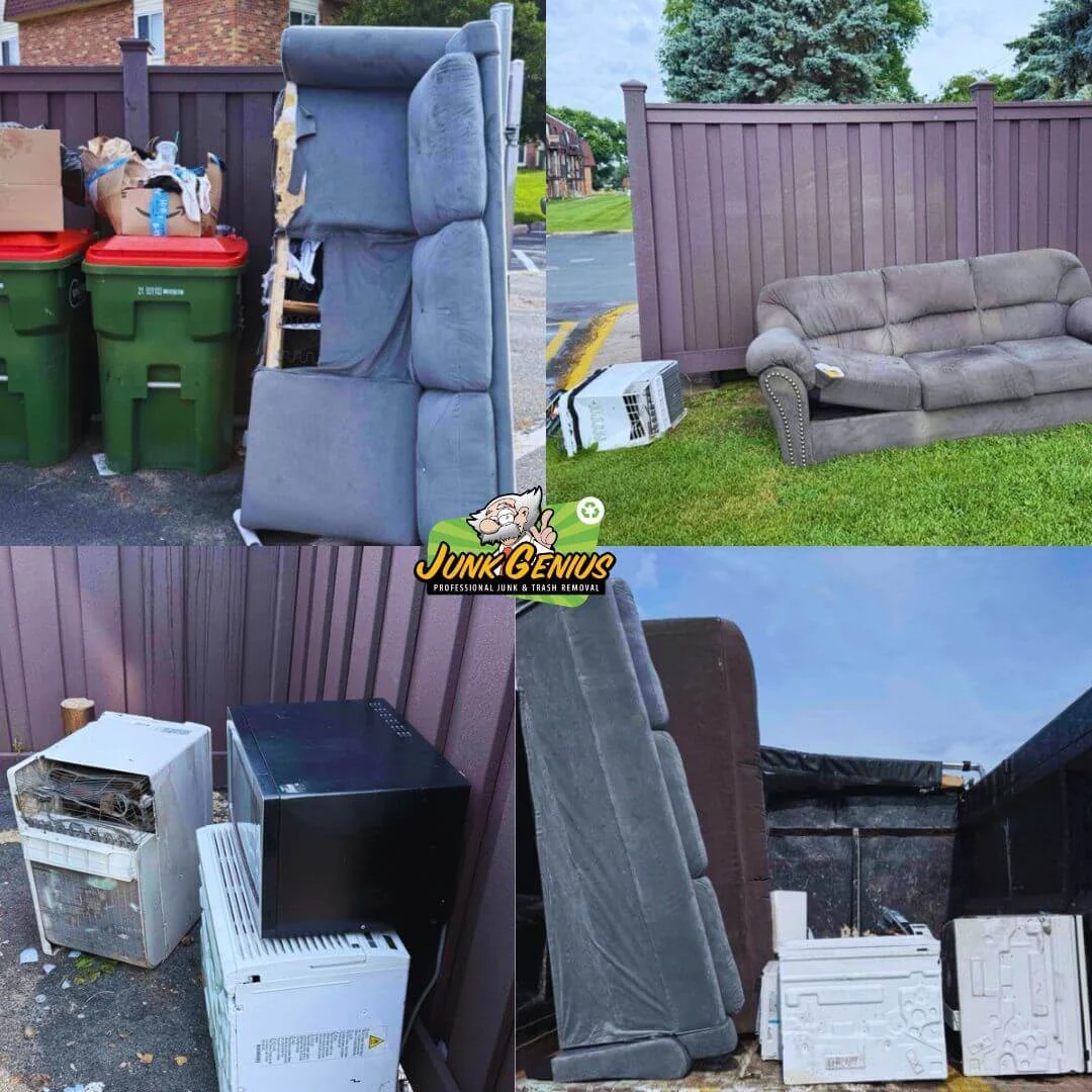 Junk removal service showing before-and-after results of furniture and appliance disposal from residential properties.