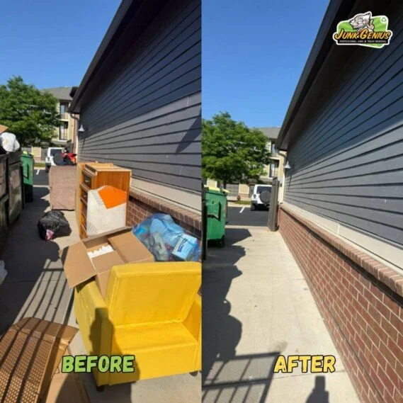 Junk removal service transforming a cluttered alleyway into a clean, cleared space before and after.
