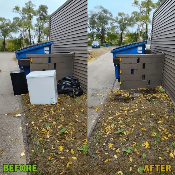 Junk removal service transforming a cluttered area beside a residential building, shown in before-and-after comparison with debris cleared and area cleaned.