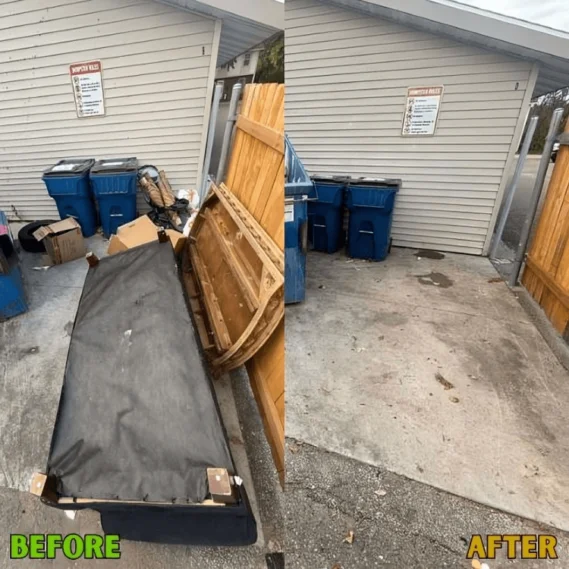 Junk removal service transforming a cluttered driveway with scattered debris and wooden items into a clean, cleared space.