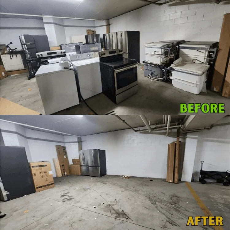 Junk removal service transforming a cluttered garage full of appliances and debris into an empty, cleaned space.