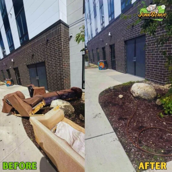 Junk removal service transforming a cluttered outdoor courtyard into a clean, organized space in an urban residential setting.