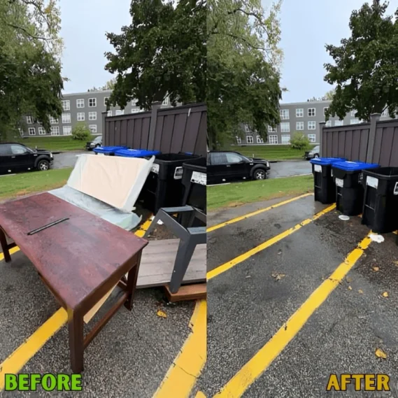 Junk removal service transforming a cluttered parking area with scattered furniture and trash into a clean, organized space in a residential complex.