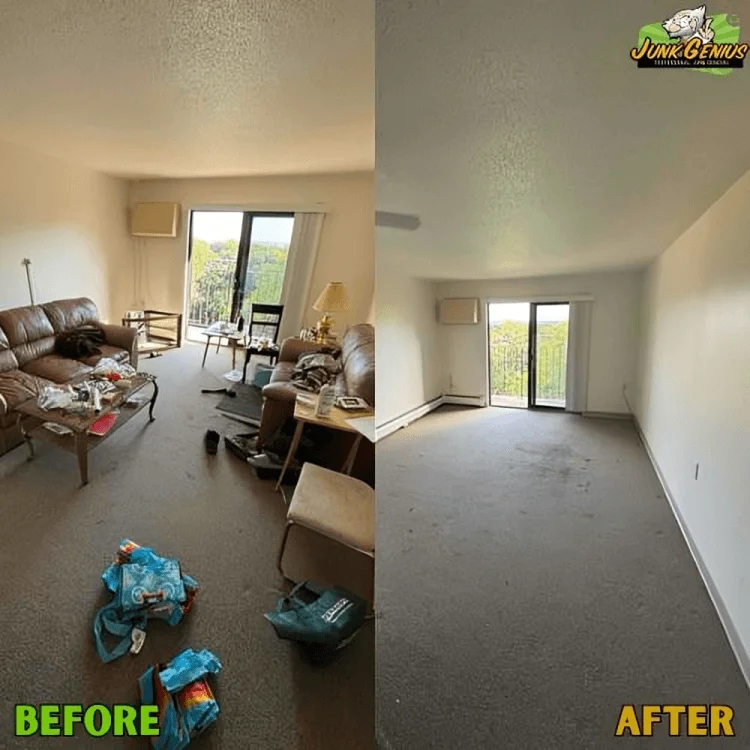 Junk removal service transforming a cluttered residential living room into a clean, empty space.