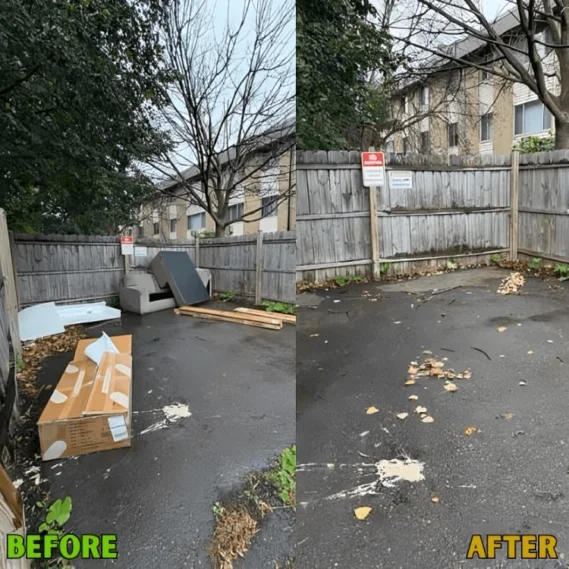 Junk removal service transforming a cluttered residential driveway into a clean, cleared space.