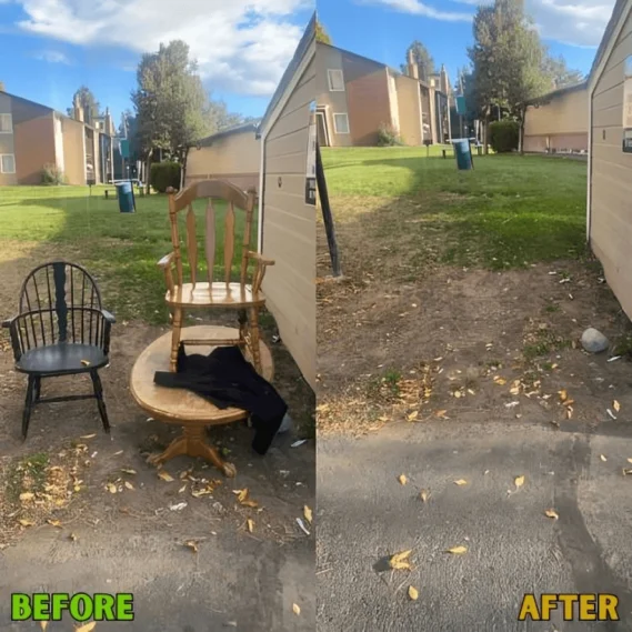 Junk removal service transforming a cluttered residential area into a clean, organized outdoor space.