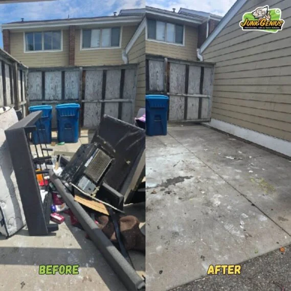 Junk removal service transforming a cluttered residential driveway into a clean, cleared space.
