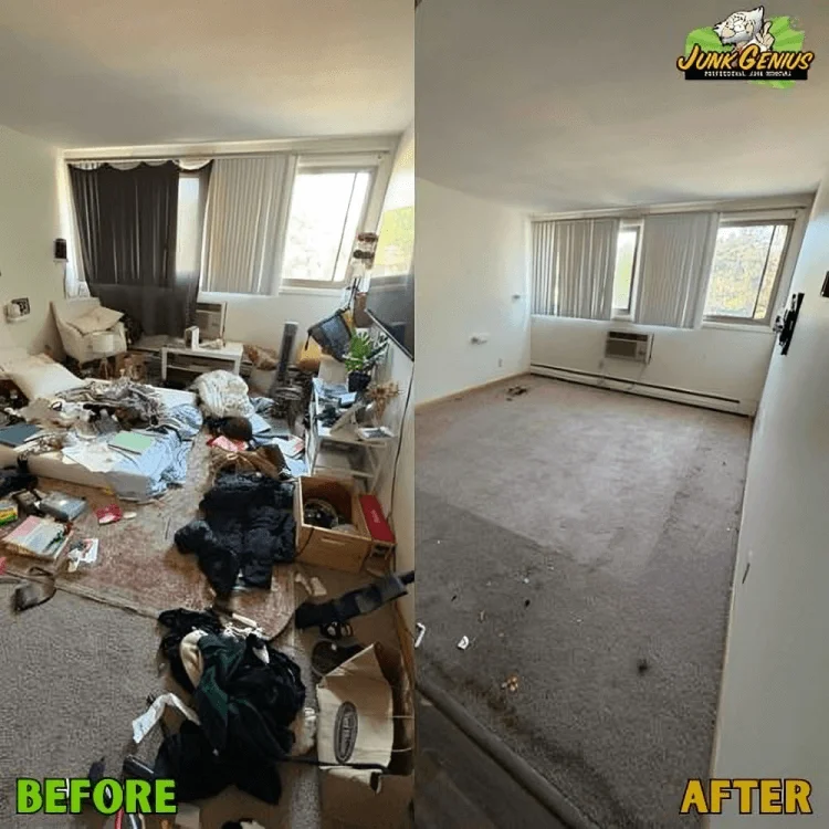 Junk removal service transforming a cluttered residential room into a clean, empty space through before-and-after comparison.
