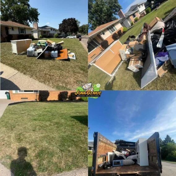 Junk removal service-in-progress showing residential debris collection across multiple stages, from yard pickup to loaded truck transport.