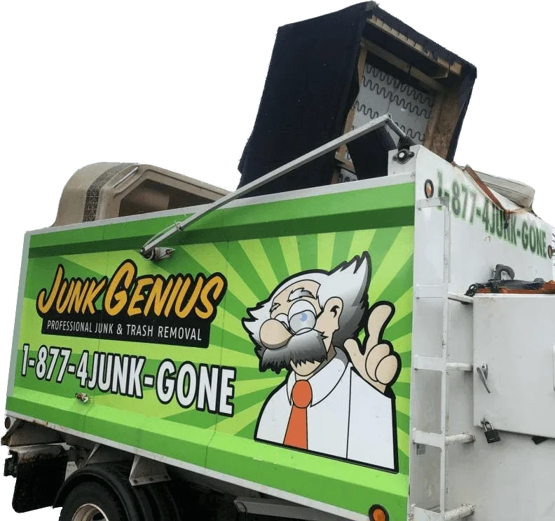 A junk removal truck with an open dumpster bin displaying the Junk Genius branding and service phone number.