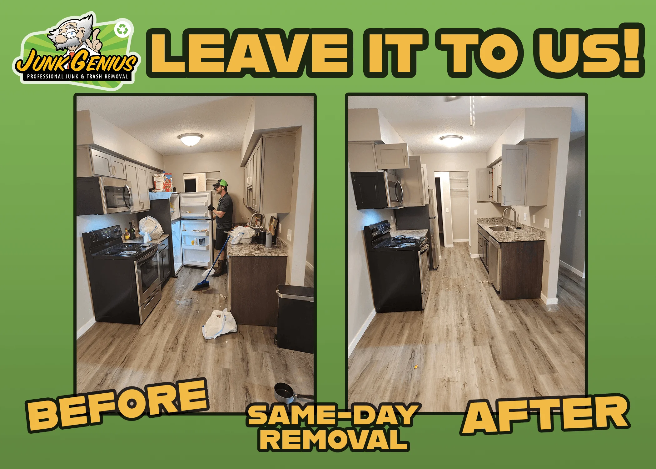 Kitchen junk removal and cleaning service shown in a before-and-after comparison of a residential kitchen space.