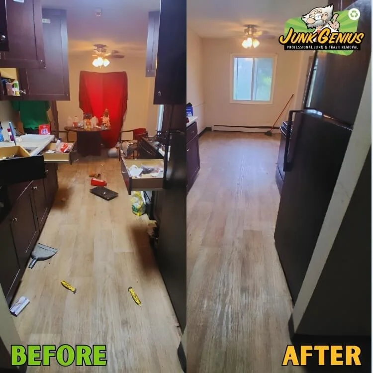Professional junk removal and space clearing service transforming a cluttered residential apartment into an organized, clean living space.