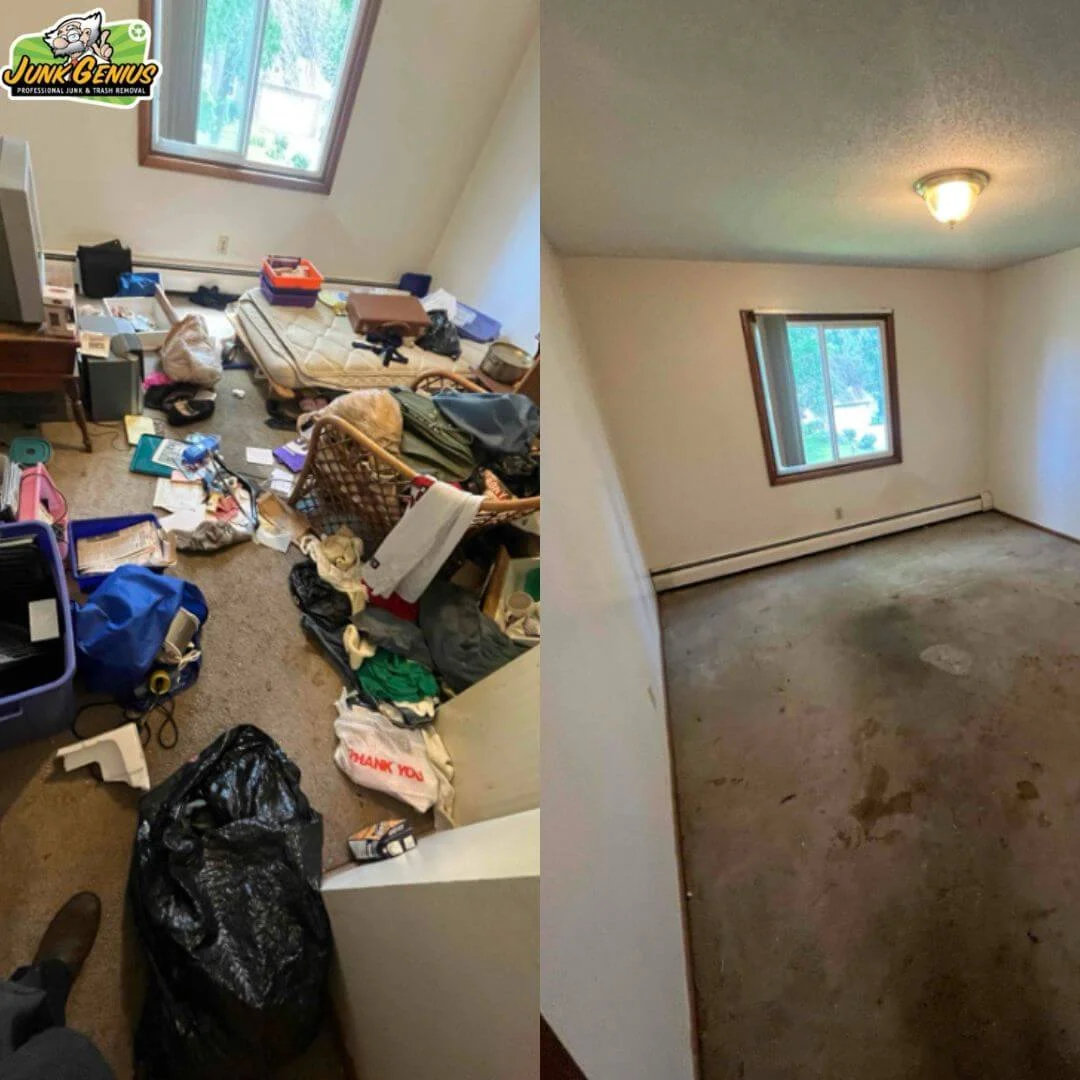 Professional junk removal service transforming a cluttered bedroom into an empty, clean space, shown as a before-and-after comparison.