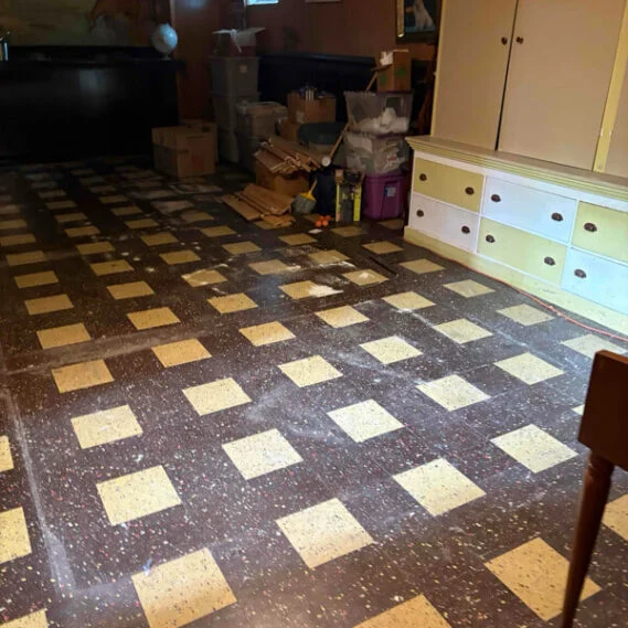 A residential basement or garage interior with clutter and storage items scattered throughout, showing a space that would benefit from junk removal services.