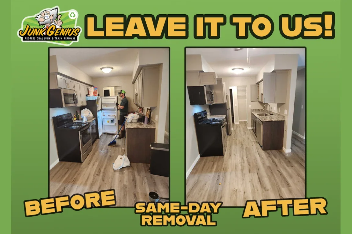Same-day junk removal service transforming a cluttered kitchen into a clean, organized space.