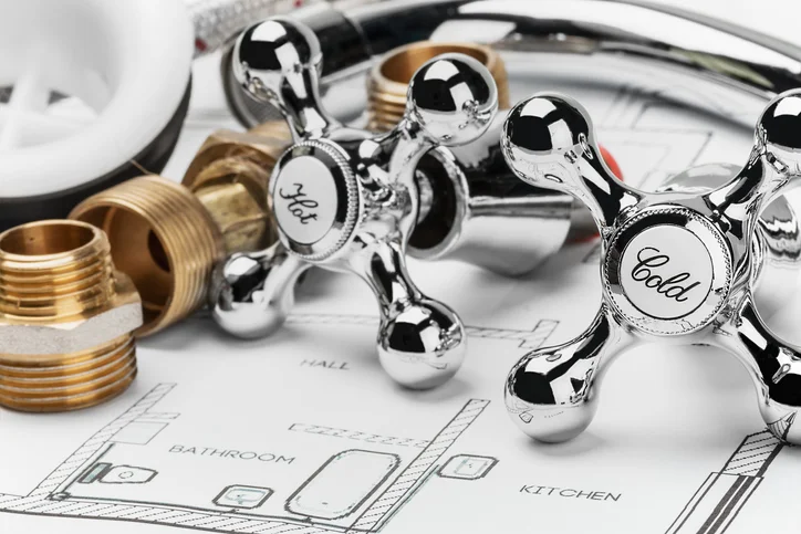 Chrome decorative faucet handles and brass plumbing fixtures displayed on architectural blueprints of a bathroom and kitchen layout.