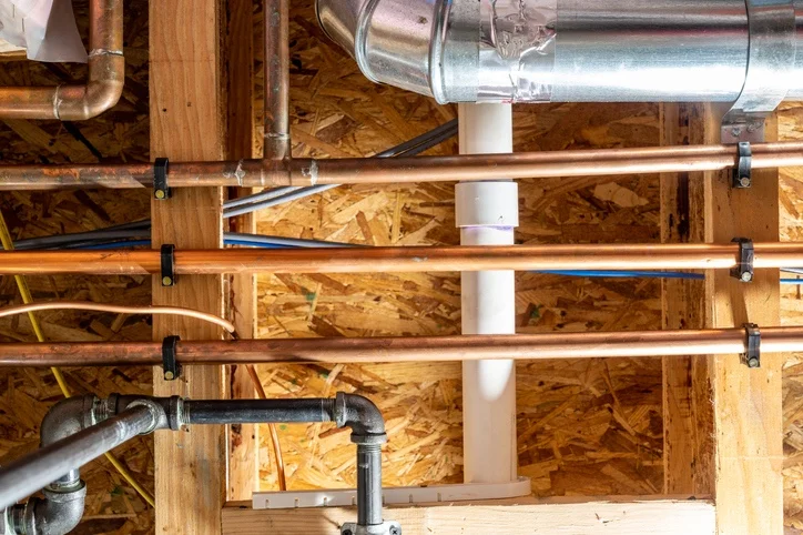 Copper supply lines and PVC vent piping installed in a residential attic framing cavity.