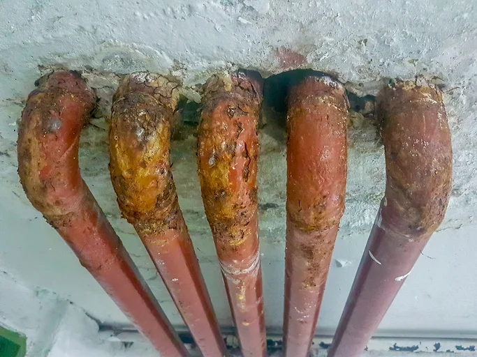 Corroded copper pipes showing heavy mineral buildup and rust damage