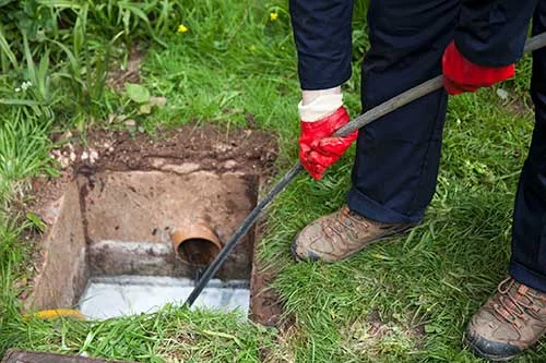 Drain cleaning and inspection work being performed on an underground drainage system in a residential yard.