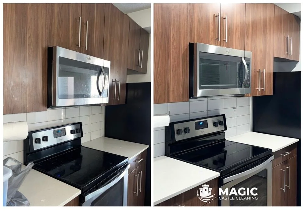 Wiped-down kitchen surfaces and cabinet faces at the end of a visit.