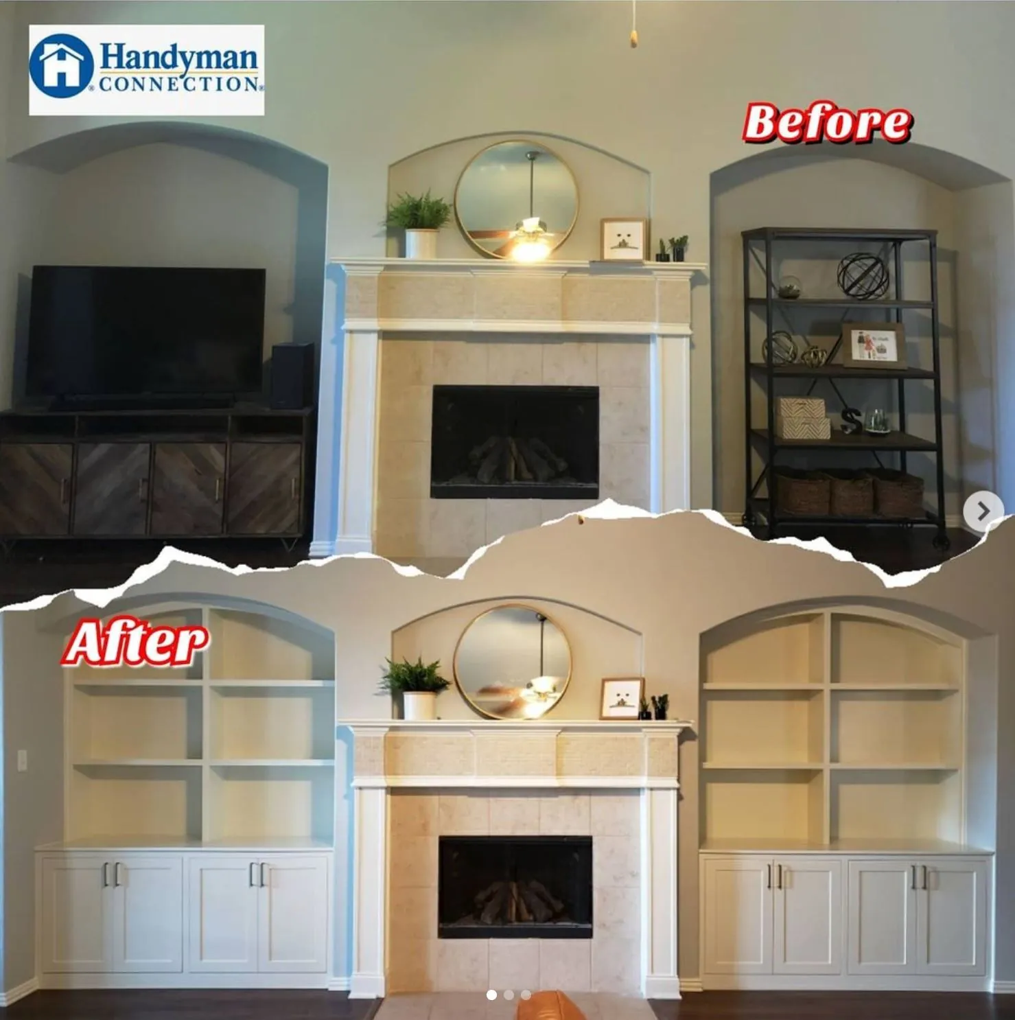 Fireplace wall before and after arched built-in cabinets