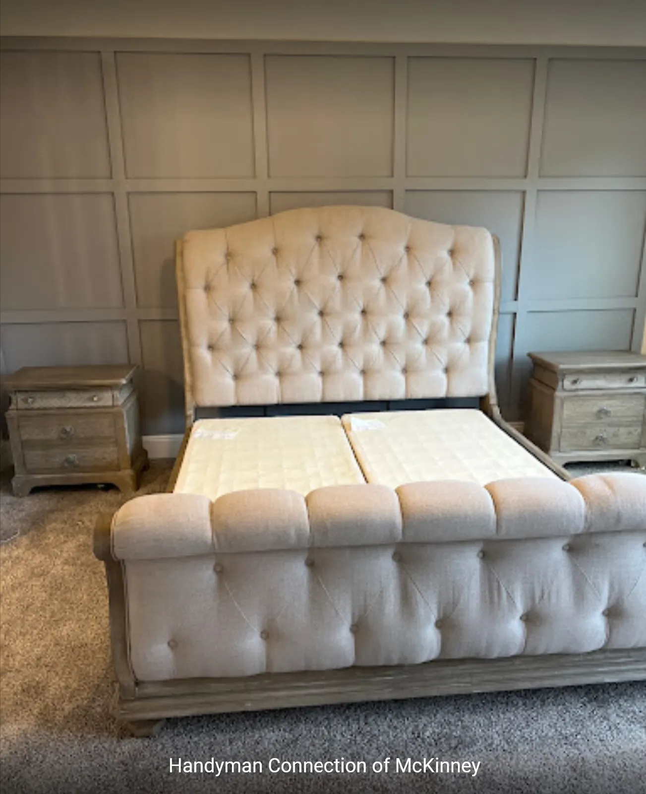 Board and batten feature wall behind a bed