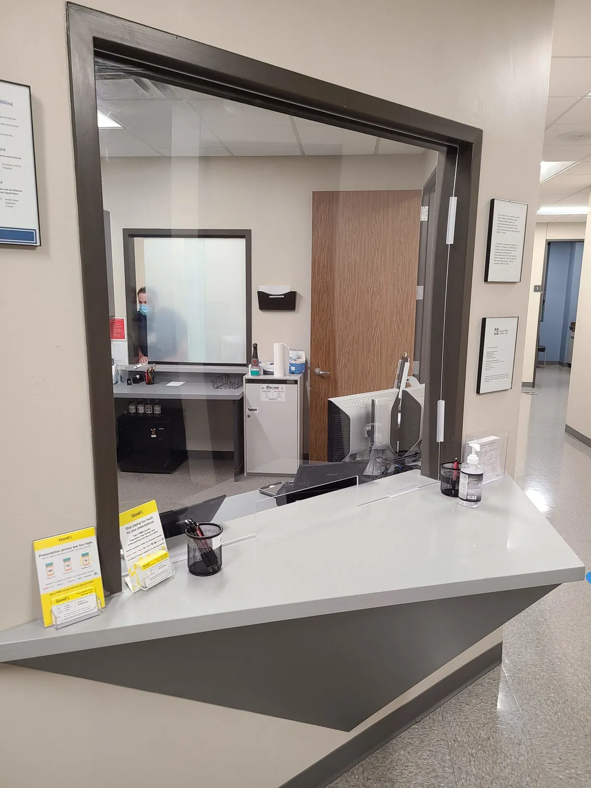 Office interior window with a counter